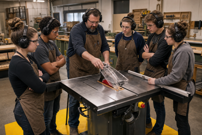 Safety training in STEM and CTE: an instructor demonstrates the table saw blade guard to students in safety glasses, ear protection and aprons inside a yellow floor safety zone