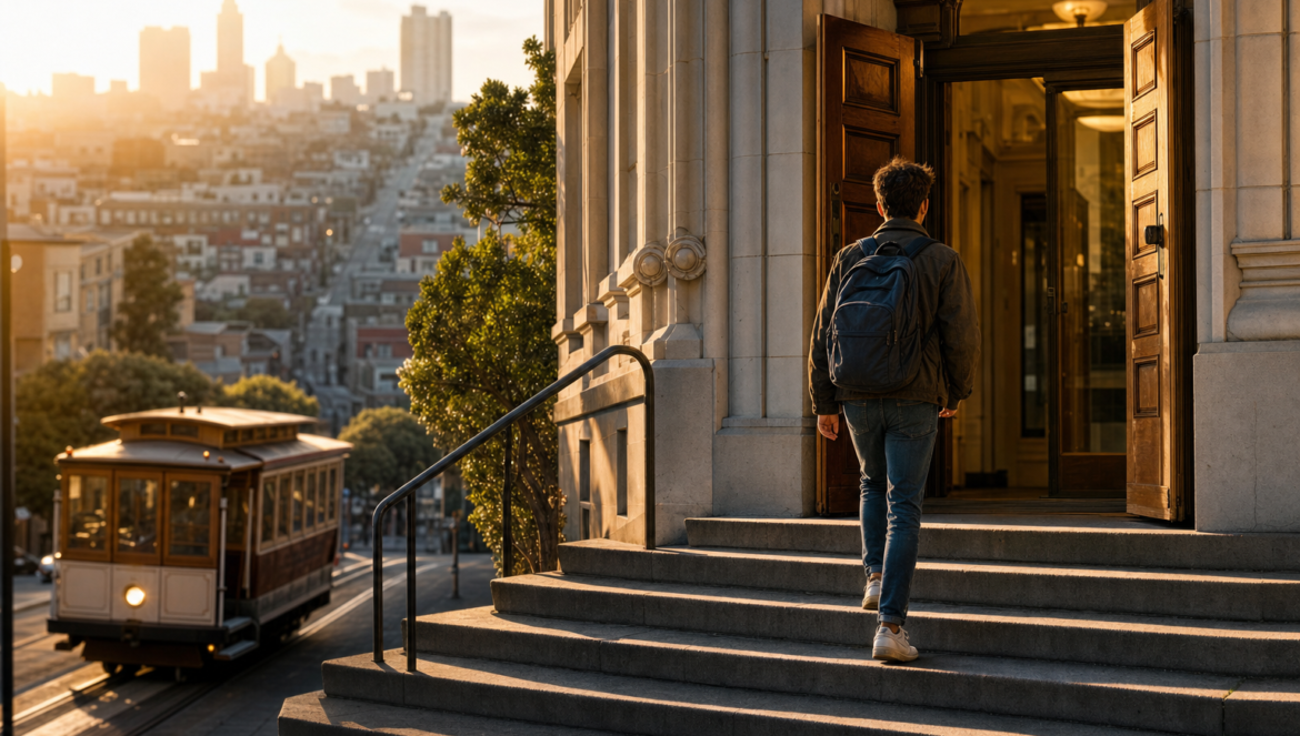 InformED Report San Francisco Makes College Free | edCircuit Free college in San Francisco a student walks up stone steps through the open doors of a college a cable car on the hill behind
