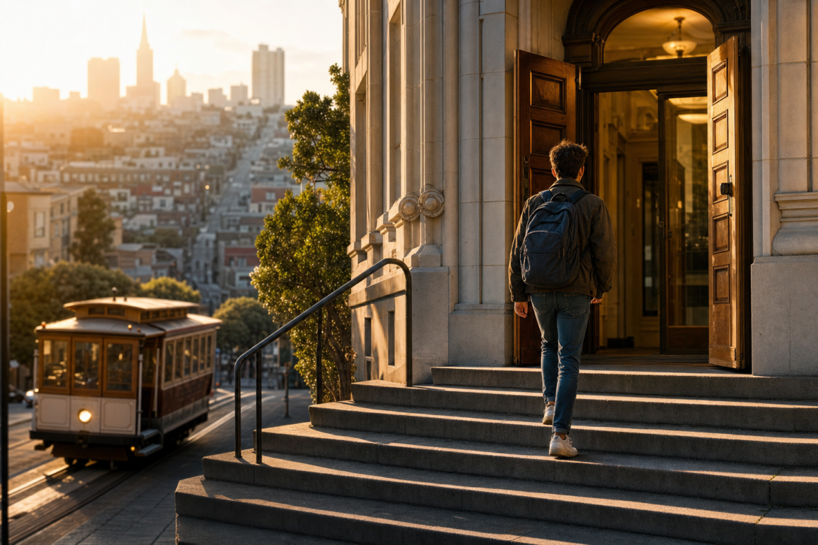 Free college in San Francisco: a student walks up stone steps through the open doors of a college, a cable car on the hill behind