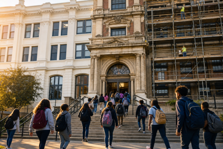 Urban school being restored as students walk in, saving underperforming schools
