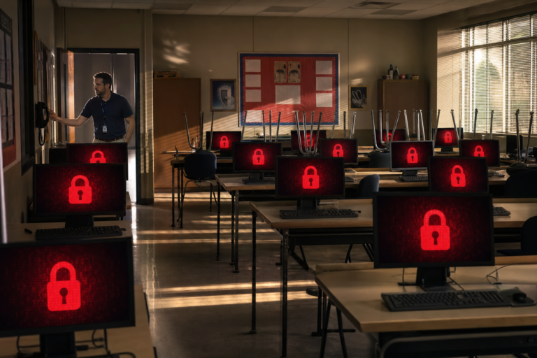 Empty school computer lab in summer with every screen showing a red padlock, a cyberattack during summer break
