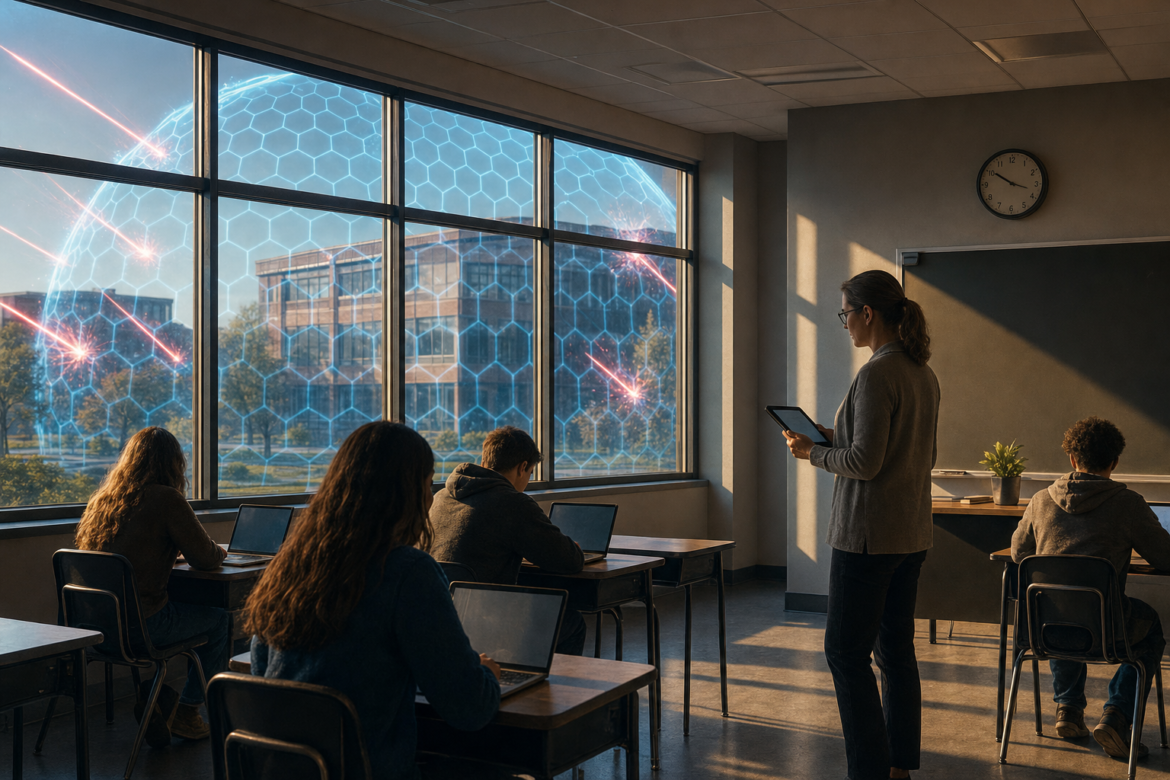 School cybersecurity: a teacher takes attendance in a calm classroom while a glowing firewall outside the windows deflects red cyber attacks