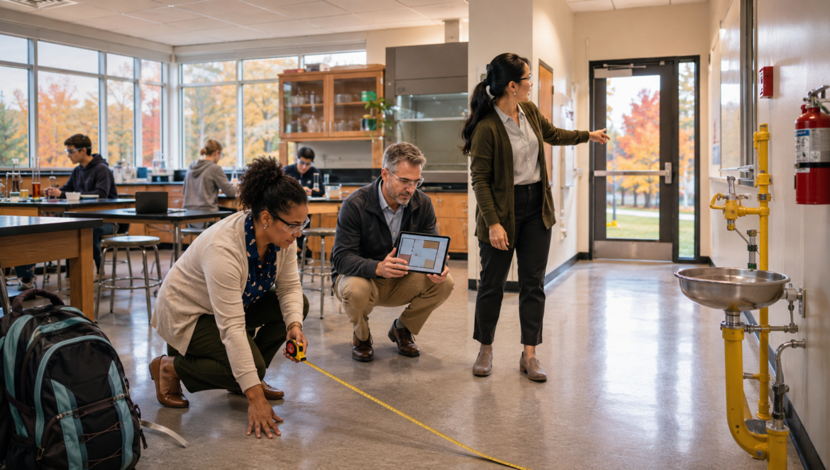Students in a STEM lab measure the floor with a tape measure while a man shows a tablet with diagrams and a woman points toward a door outside the rooms exit
