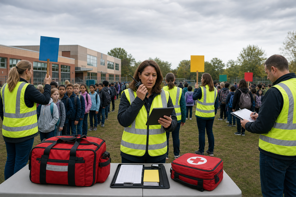 School safety resilience and emergency response: a principal in a reflective vest runs incident command by radio during a school evacuation while teachers hold class markers and take roll call at the assembly point