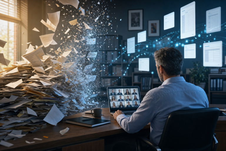 A pile of school paperwork dissolves into digital particles as an administrator joins a virtual conference with clean digital forms