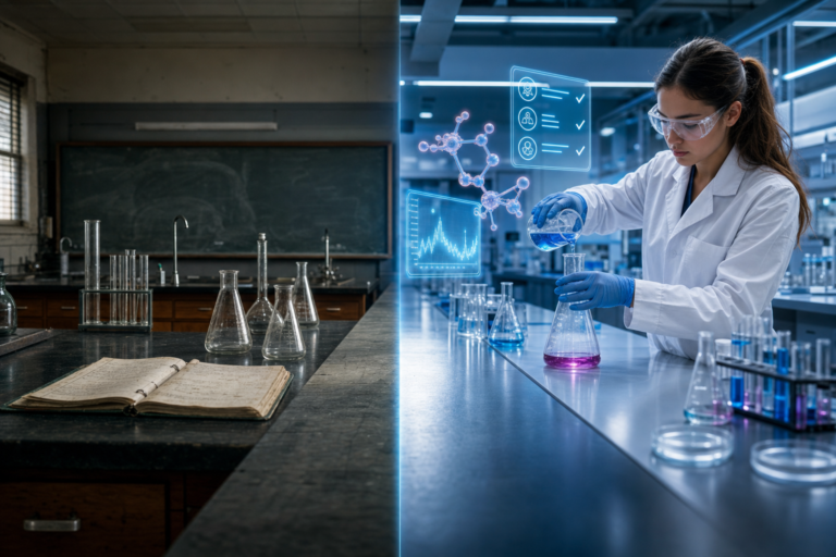 Science classrooms then and now: a dim 2010 lab bench with a paper manual beside a 2026 lab where a student in goggles, gloves and lab coat works under a holographic molecule, live data graph and safety checklist