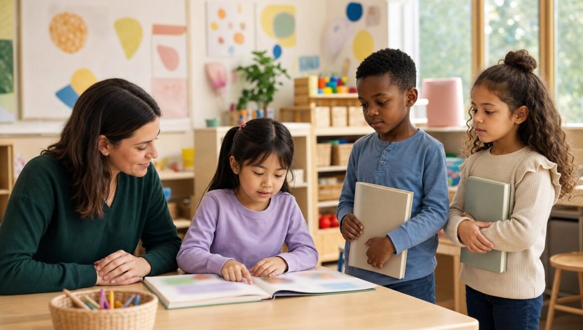 Science of reading guide | edCircuit A teacher sits beside a young student who is tracking the words in a picture book with her finger while two classmates wait with their books