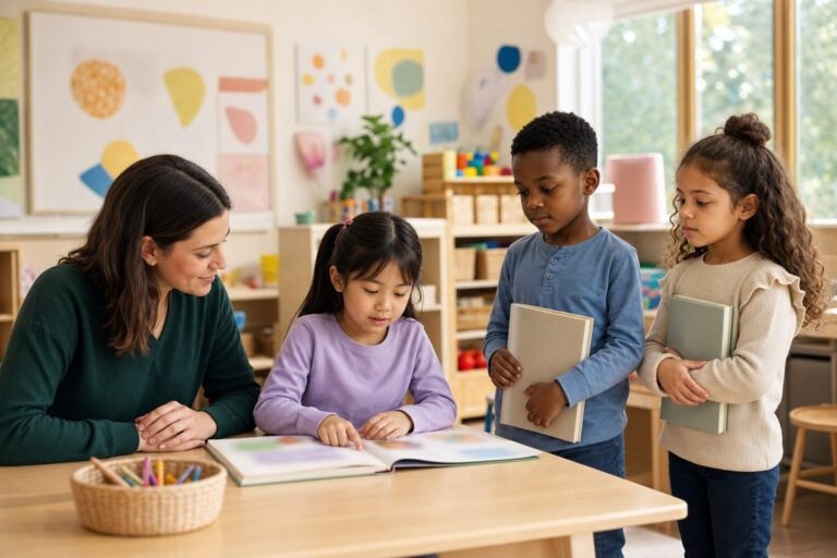 Science of reading guide | edCircuit A teacher sits beside a young student who is tracking the words in a picture book with her finger while two classmates wait with their books