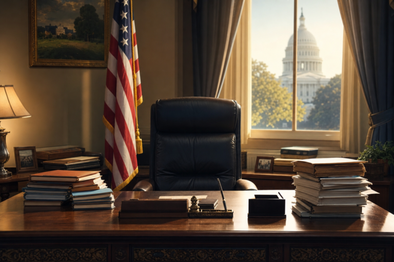 Empty chair behind a federal desk with an American flag, the Secretary of Education's office