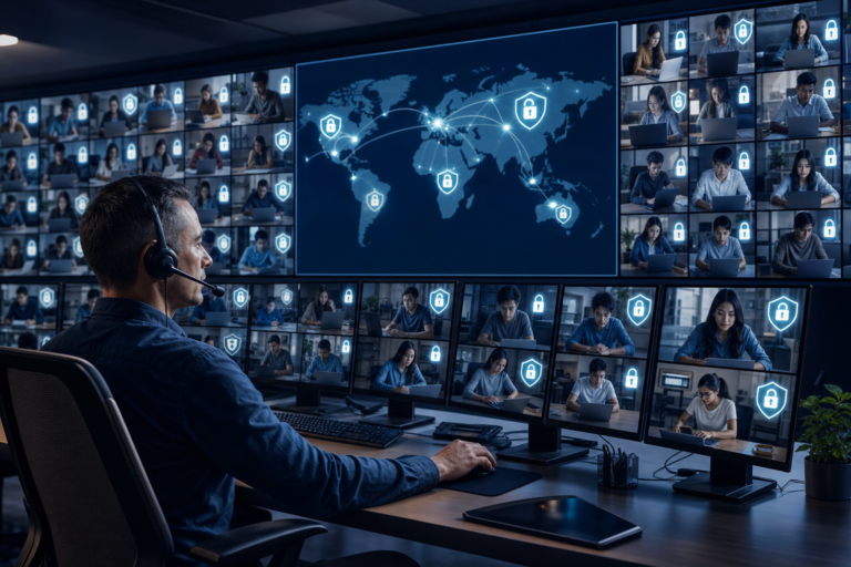 A proctor in a headset monitors a wall of remote test takers marked with lock icons beside a world map of secure testing locations