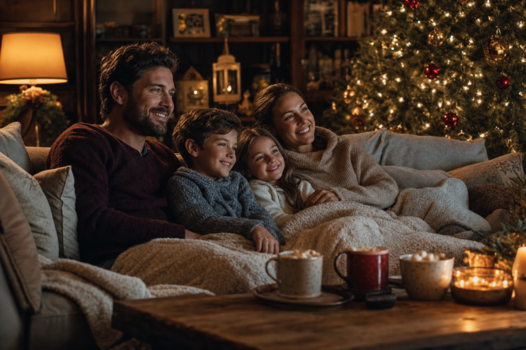 Family cuddling on a couch watching a holiday movie, connecting with kids over the holidays