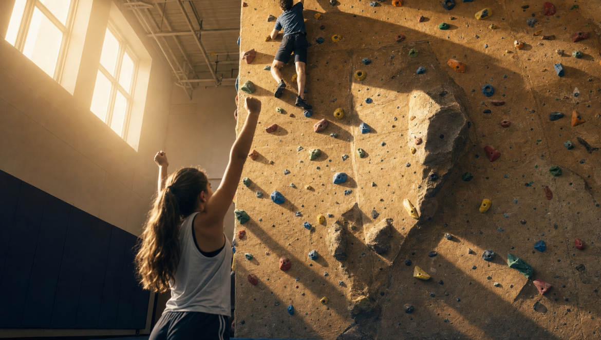 Student reaching the top of a climbing wall as a classmate cheers courage and perseverance