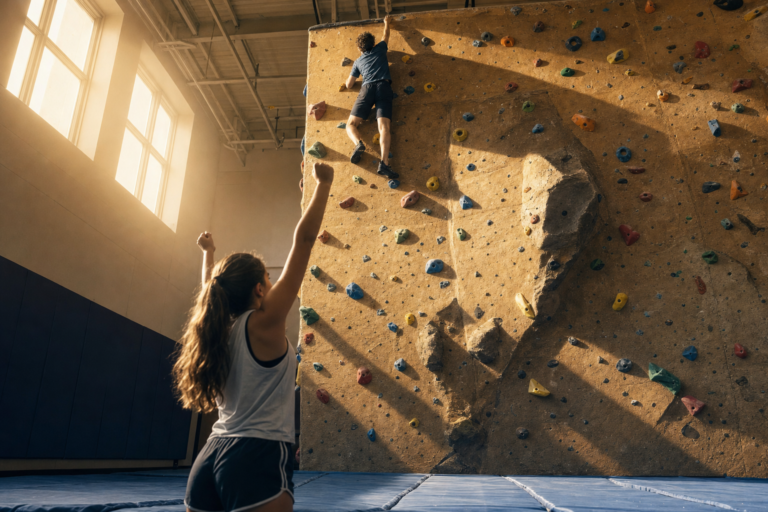 Student reaching the top of a climbing wall as a classmate cheers, courage and perseverance