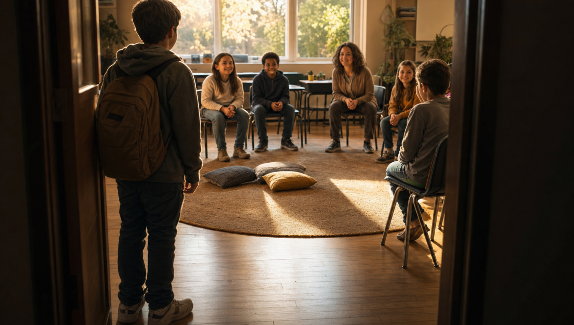 SEL Helping Students ReCenter as They ReEnter School Buildings | edCircuit A returning student with a backpack pauses at a classroom door where classmates and their teacher sit in a circle around a sunlit centre