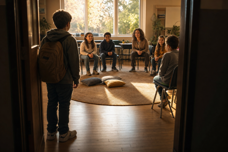A returning student with a backpack pauses at a classroom door where classmates and their teacher sit in a circle around a sunlit centre