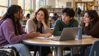 Four students sit around a library table in discussion with a laptop notebooks and a water bottle on the table