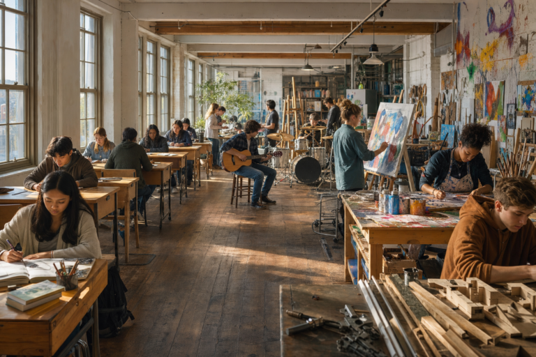 Rows of desks transforming into a creative studio, revolutionizing education