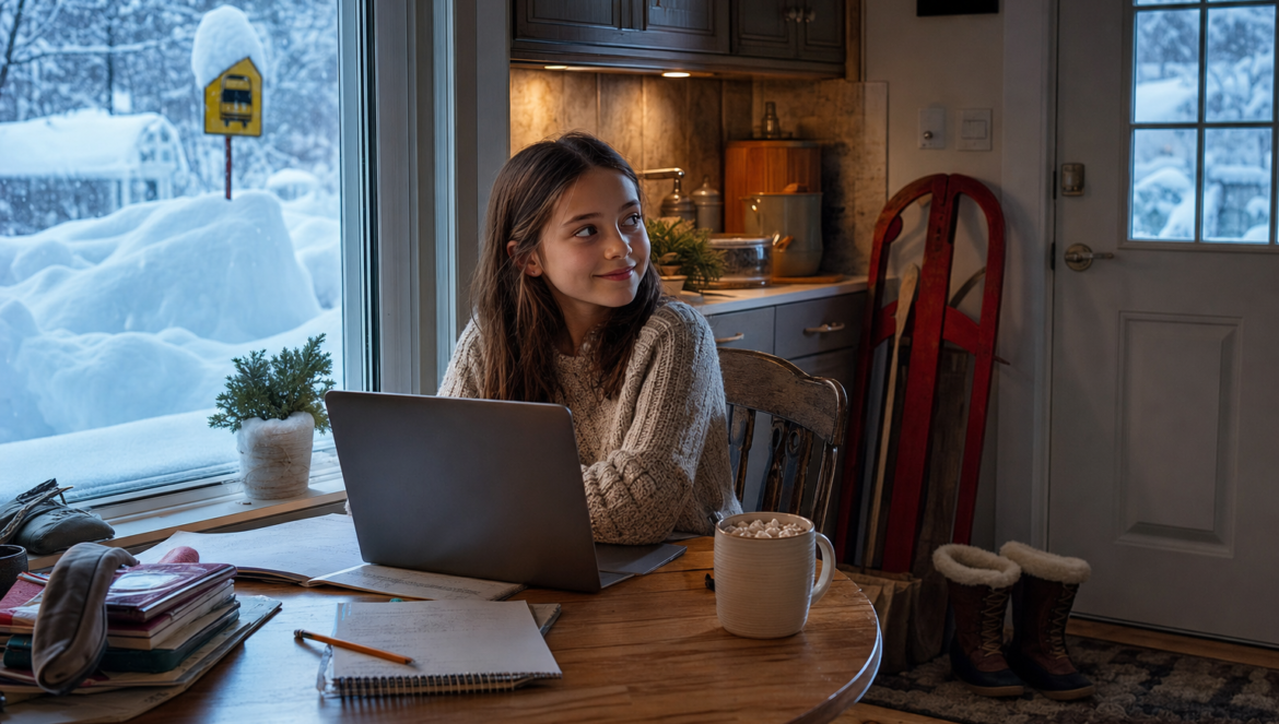 Snow days a girl does schoolwork on a laptop at the kitchen table as snow buries the school bus stop sign outside
