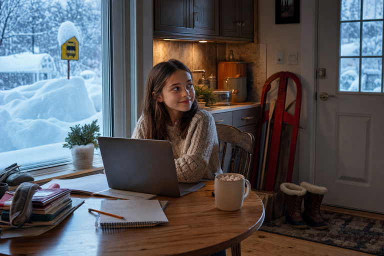 Snow days a girl does schoolwork on a laptop at the kitchen table as snow buries the school bus stop sign outside
