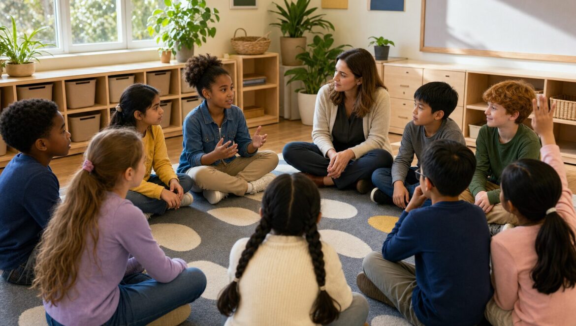 An elementary teacher sits with her class in a morning meeting circle on the carpet listening as one child speaks
