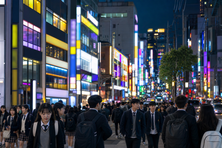 Seoul street of lit study academies at night, education spending in South Korea