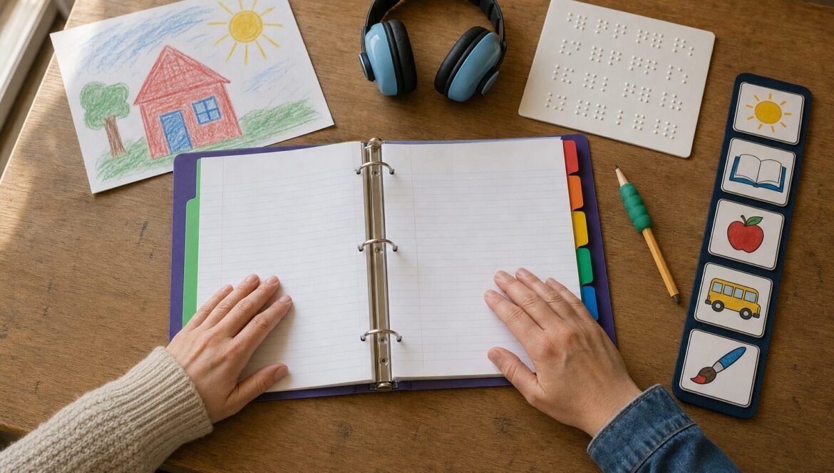 An open plan binder with colored tabs on a table surrounded by a childs drawing headphones a braille card a pencil grip and a picture schedule with a parents and a teachers hands