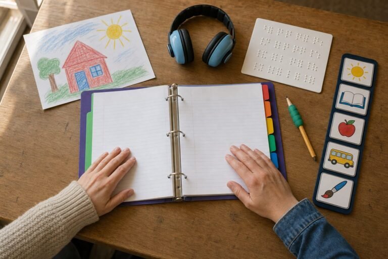 Special education guide | edCircuit An open plan binder with colored tabs on a table surrounded by a childs drawing headphones a braille card a pencil grip and a picture schedule with a parents and a teachers hands