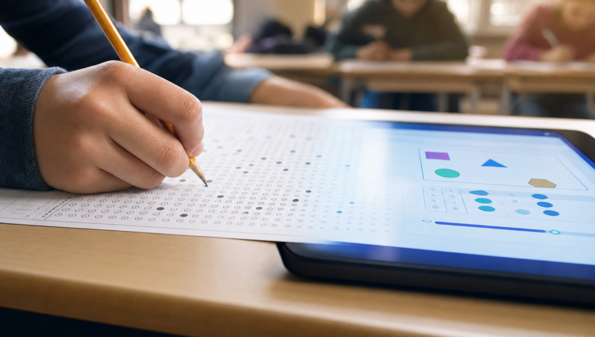 InformED Report States Rethink Their Tests | edCircuit States rethink their tests a student fills in a bubble answer sheet that turns into an interactive tablet test