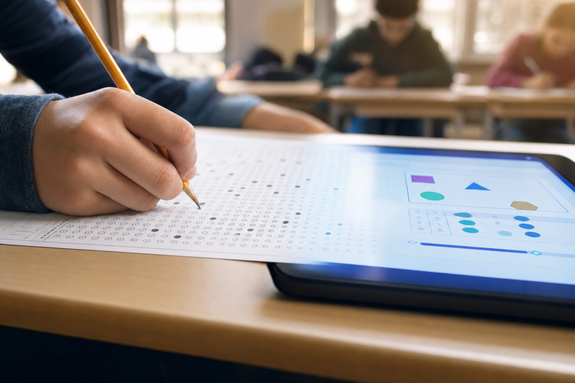 States rethink their tests: a student fills in a bubble answer sheet that turns into an interactive tablet test