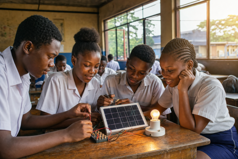 Students in the Democratic Republic of Congo building a solar circuit