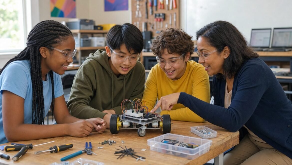 STEM education guide | edCircuit Middle school students wearing safety glasses build a small wheeled robot with their teacher in a STEM classroom