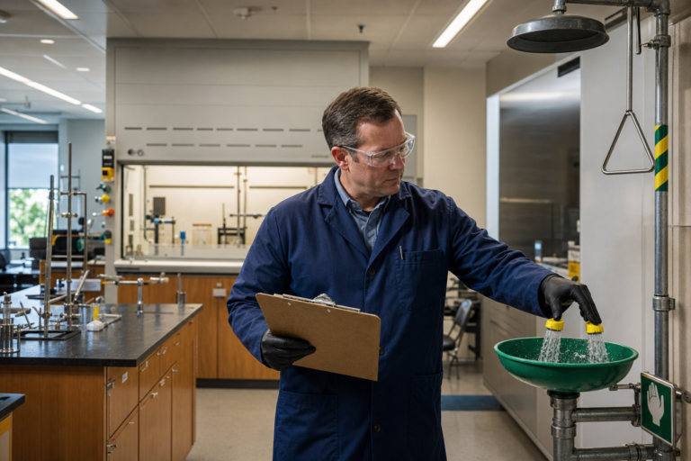 Inspector testing an eyewash station in a high school science lab, STEM lab inspection
