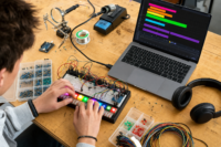 STEM and music education: a student plays a homemade circuit-board instrument connected to music production software