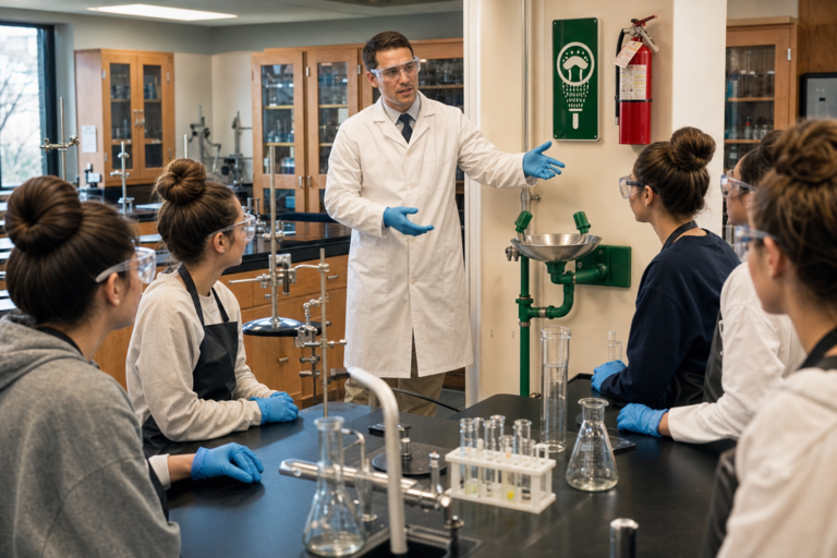 STEM safety protocols: a science teacher in goggles, gloves and a buttoned lab coat shows students the eyewash station and fire extinguisher while students in goggles, gloves and aprons follow along