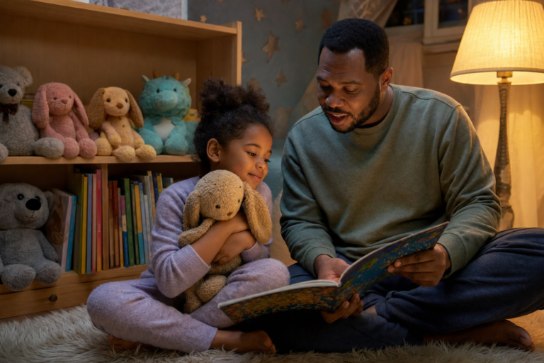 A parent reads a picture book to a child hugging a stuffed animal in a cozy reading nook with plush toys on the shelf