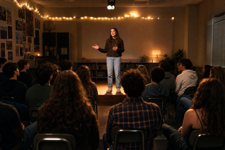 Storytelling in education: a high school student tells a personal story on a small stage while classmates listen