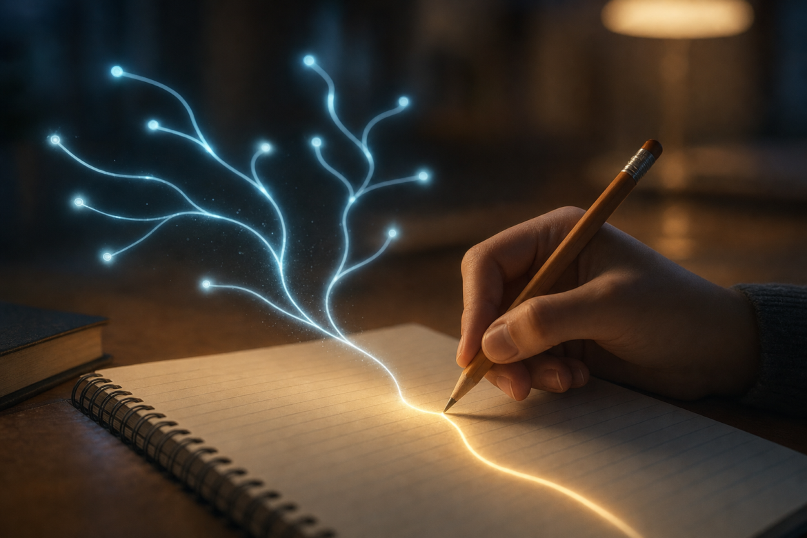 Student agency with AI: a student's pencil draws one glowing path forward while branching AI suggestions fade above the notebook