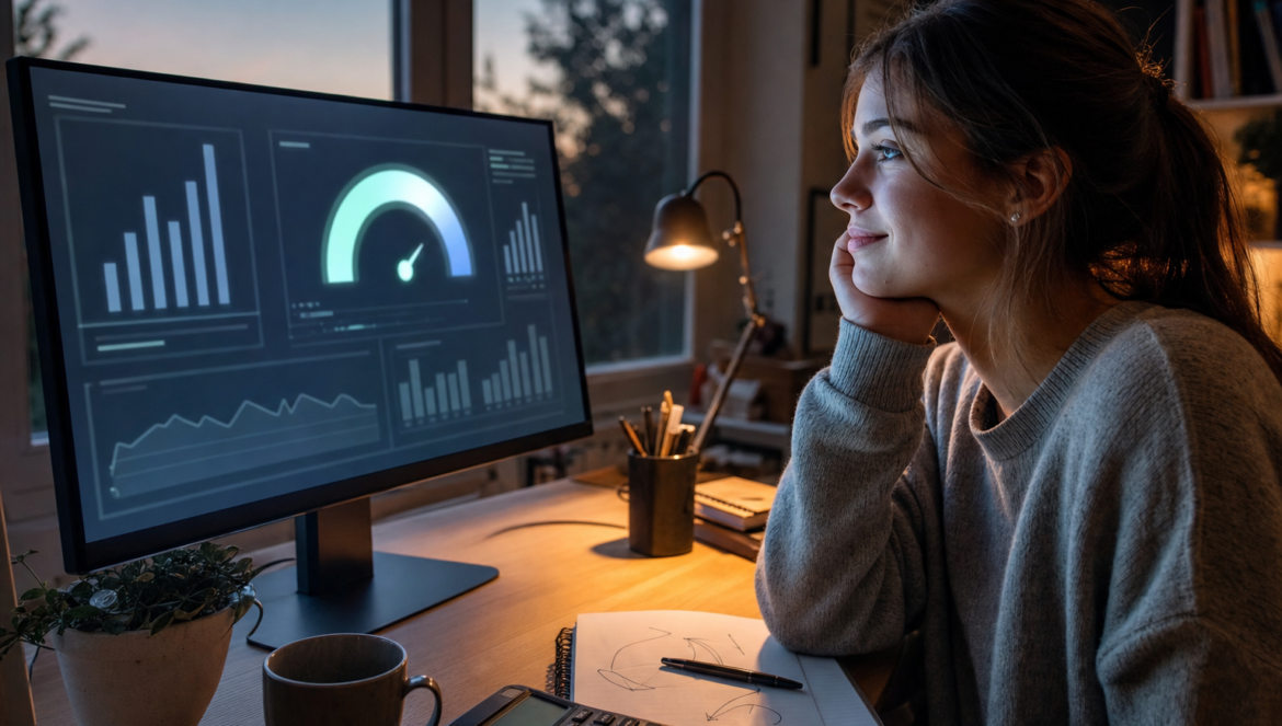 Student Aid Index a college applicant at a desk at dusk reviews her financial aid results on a monitor