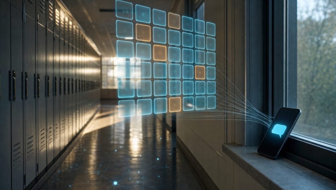 An empty school hallway with a glowing calendar of school days a few missed days in amber linked to a phone receiving an alert