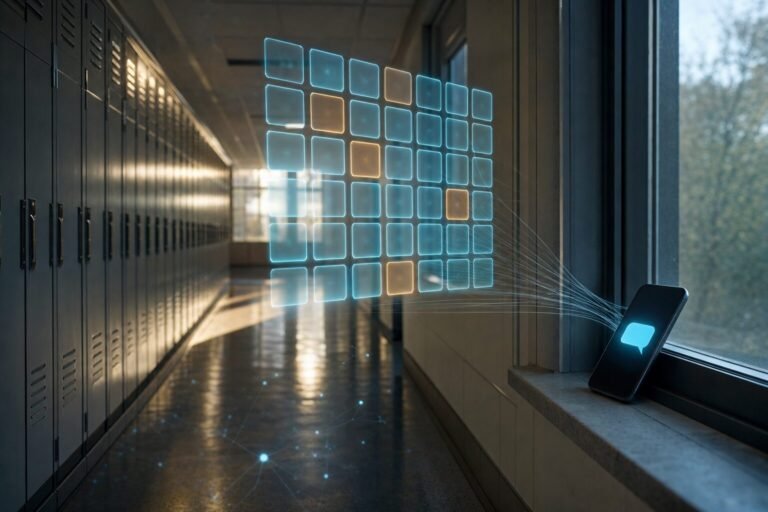 An empty school hallway with a glowing calendar of school days, a few missed days in amber, linked to a phone receiving an alert