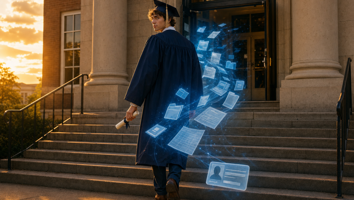 Student data privacy after graduation a new graduate walks away from school at sunset as a glowing trail of their student records follows them out of the doors