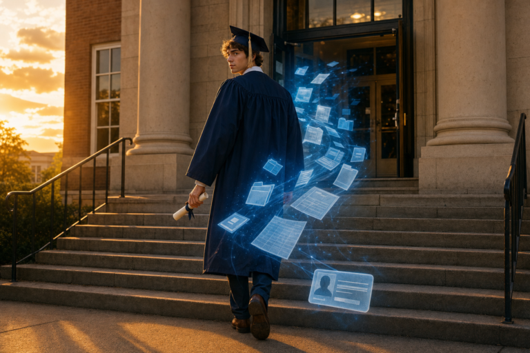 Student data privacy after graduation: a new graduate walks away from school at sunset as a glowing trail of their student records follows them out of the doors