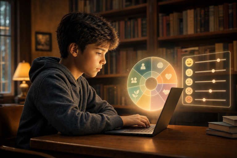 A middle school student completes a social-emotional self-reflection check-in on a laptop with a glowing strengths chart beside the screen