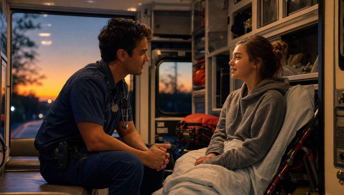 Student stories an EMT in an ambulance listens to a teenage girl who smiles as she tells her story