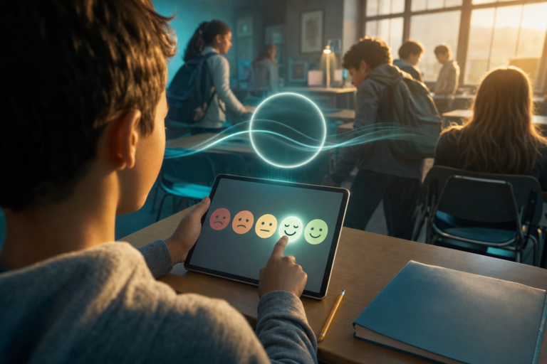 A student does a morning mood check-in on a tablet, choosing a calm face, as an AI-guided breathing circle glows above it