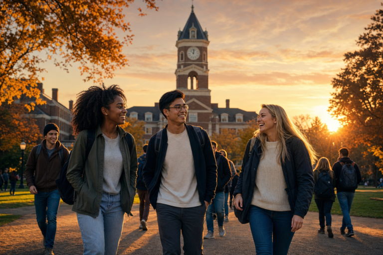 College students walking confidently across campus at sunset, thriving in college life