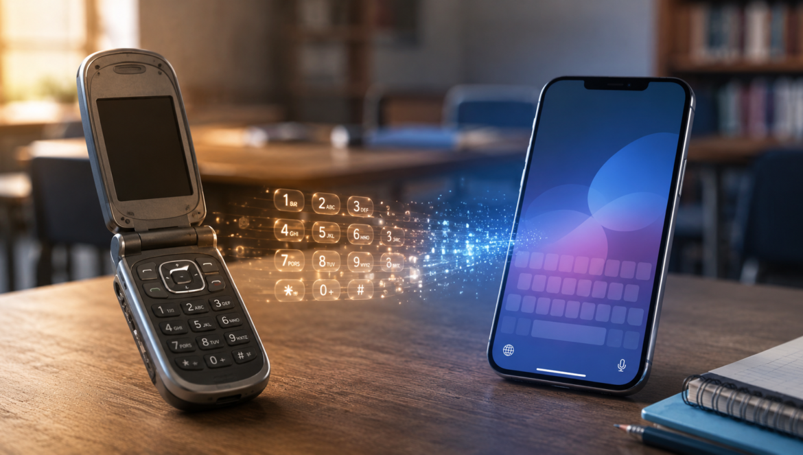 T9 texting | edcircuit Two mobile phonesa clamshell flip phone on the left and a modern smartphone on the rightsit on a wooden desk with a glowing data stream between them