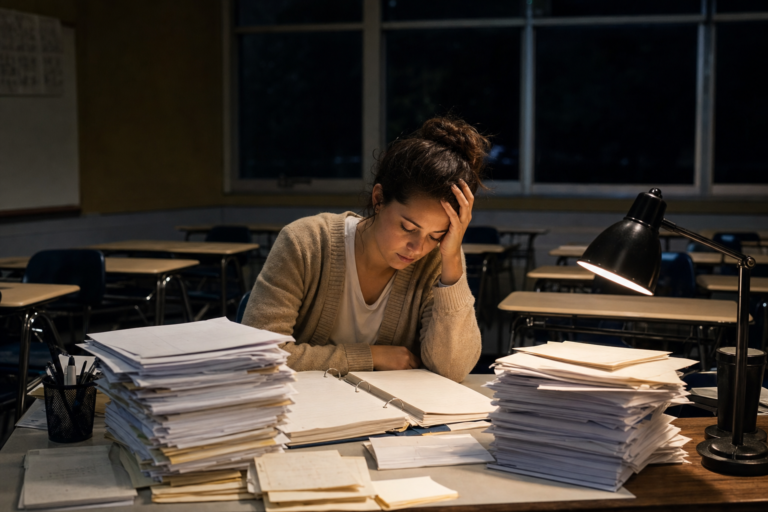 Is Teach For America worth it: a new teacher sits alone at her desk at night among stacks of worksheets
