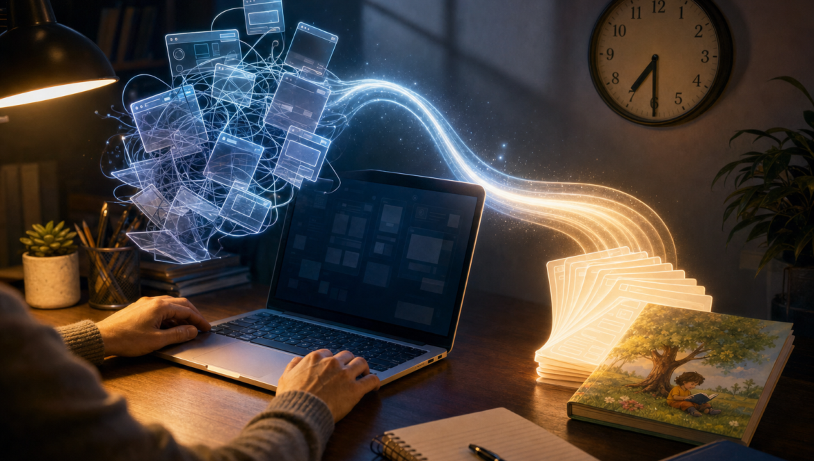 A tangle of glowing search windows untangles into one bright ribbon of lesson cards on a teacher desk at 730 in the evening