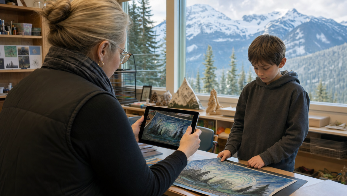 Teacher photographing student art with a tablet for a digital portfolio